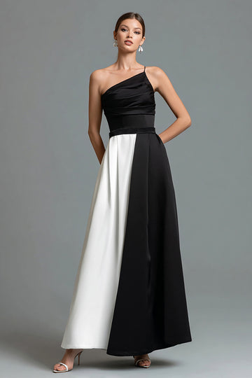 One Shoulder Black and White A-Line Formal Dress